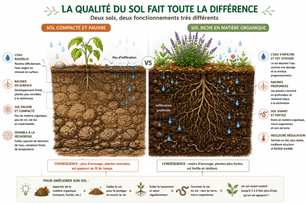 Comparaison d'un sol compacté et d'un sol riche en matière organique