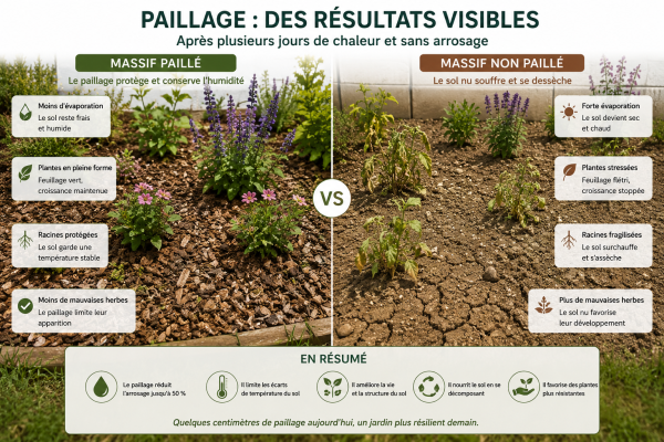 Illustration comparative massif paillé et massif non paillé après plusieurs jours de chaleur