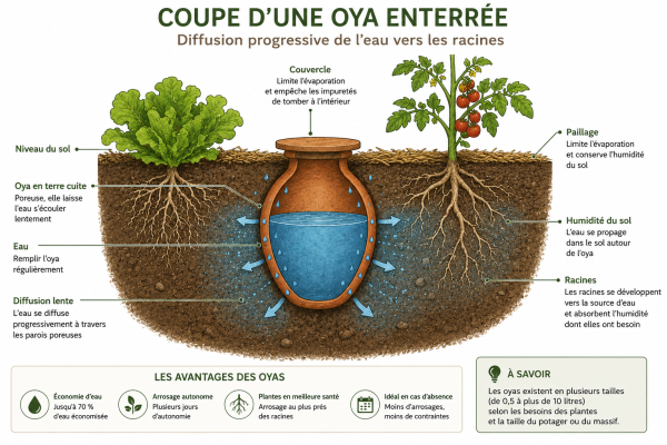Coupe d'une oya enterrée montrant la diffusion progressive de l'eau vers les racines en français