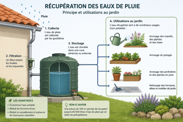 Schéma : toiture → gouttière → récupérateur d'eau → usages dans le jardin