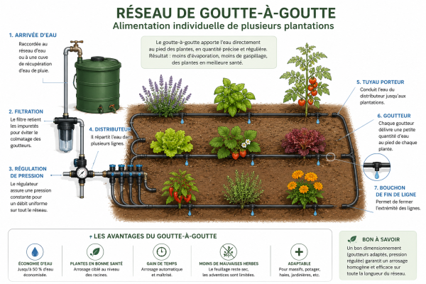 Schéma réseau de goutte-à-goutte alimentant individuellement plusieurs plantations
