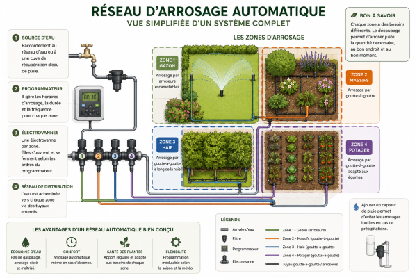 Vue simplifiée d'un réseau d'arrosage automatique avec programmateur, électrovannes et différentes